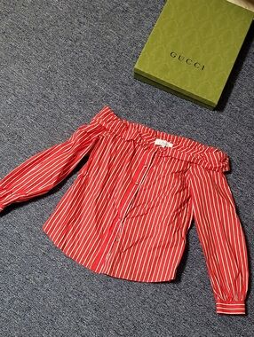 L'Academie Red and White Vertical Stripe Off-Shoulder Top